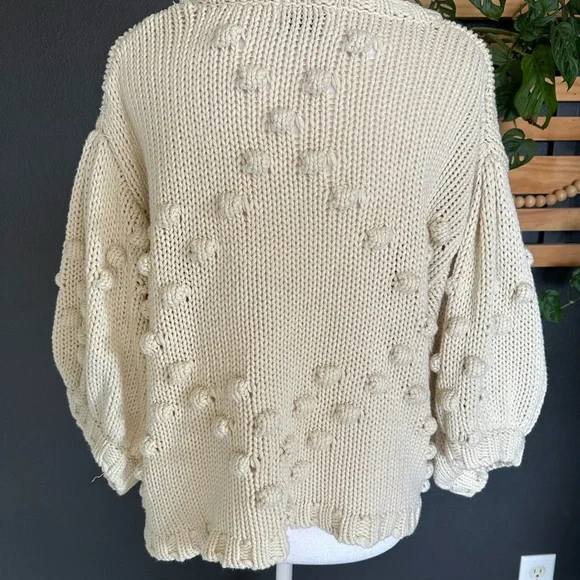Sabo Cream Chunky Knit Pom Pom Sweater Poncho Oversized Small Boho Cozy - Picture 5 of 10